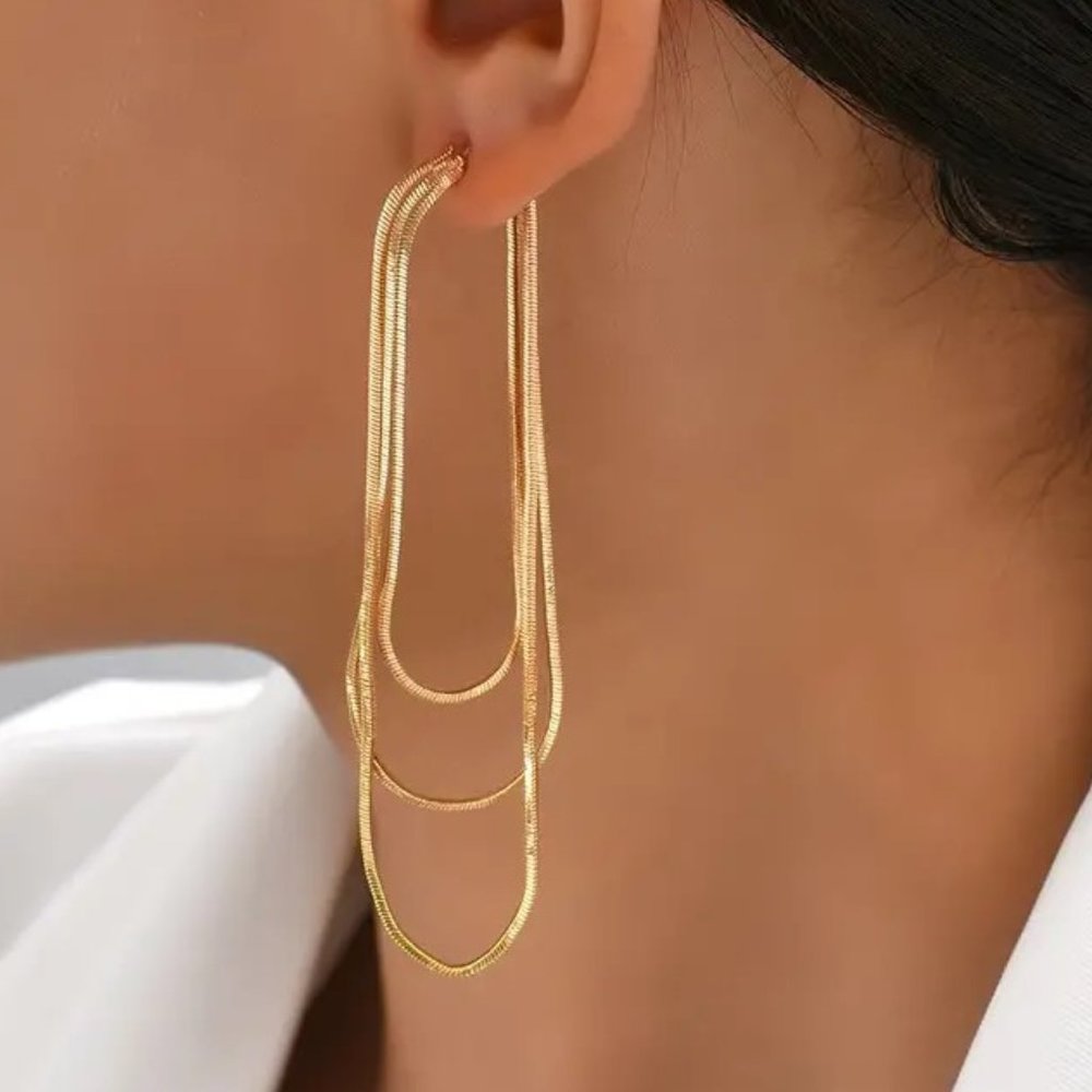 Earrings Triple Chain Gold Dangle Multi Layer Glam Stylish Trendy Y2K Statement